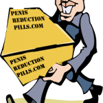 Cartoon of a mailman with our large "Penis Reduction Pills.com" box