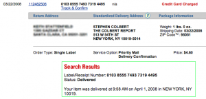 stephencolbertlabel Shipping result for shipment to the Stephen Colbert show
