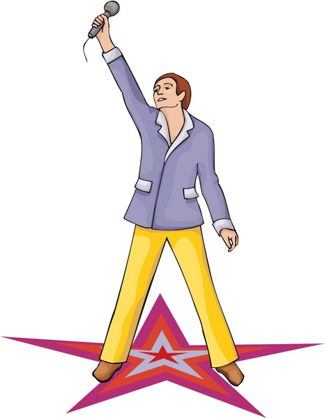 Celebrity holding microphone aloft A cartoon image of a celebrity-type guy